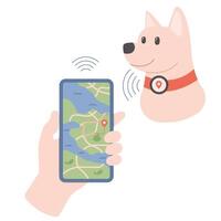 GPS tracker for pet Dog location in park Transfer information to mobile phone application illustration vector