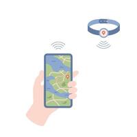 GPS satellite tracker for pet Transfer information from pet collar to mobile phone application illustration vector