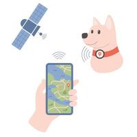 GPS satellite tracker on pet Dog location in park Transfer information to mobile phone application illustration vector