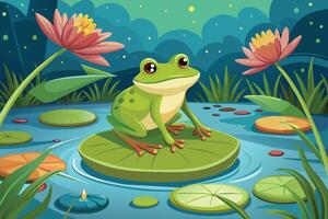 afrog balancing on awater lily in apond vector