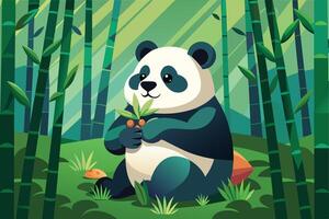 Panda bear holding a carrot in the bamboo forest vector