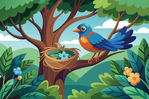 A cartoon blue bird sitting on a tree branch with a nest in the background vector
