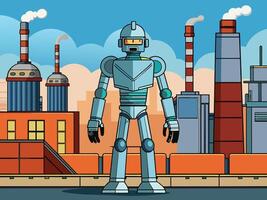 A cartoon robot standing in front of a factory vector