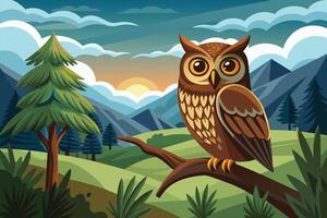 An illustration of an owl sitting on a tree branch in the forest vector