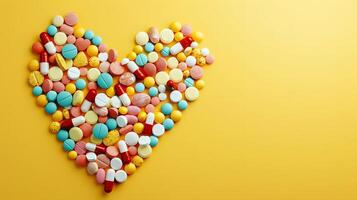 heart shape formed with colorful pills on yellow background photo