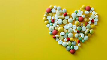 Heart shape made of assorted colorful pills on yellow background photo