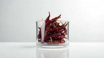 dried red chilies in a glass container on white background photo