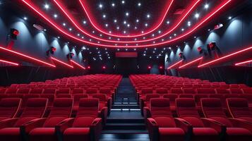 Stylish empty movie theater with red seats and ceiling lights photo