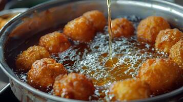 freshly fried gulab jamun being soaked in sugar syrup photo