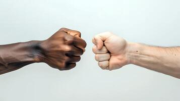 Diverse hands fist bumping for unity and teamwork photo