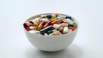 Bowl of assorted colorful pills and capsules on white background photo