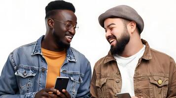 Two diverse men smiling and using smartphone together photo
