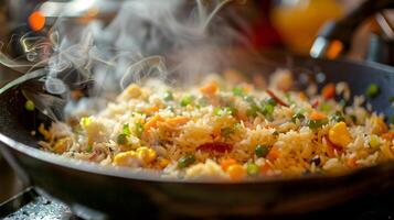 steaming hot fried rice with vegetables in a pan photo