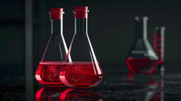 laboratory glassware with red liquid on dark background photo