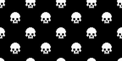 Pixelated white skull seamless pattern on black background in 8 bit retro style. Nostalgic gaming and cyber aesthetic, perfect for digital art, wallpapers, and Halloween designs. illustration. vector