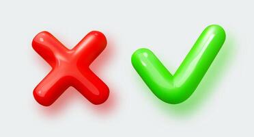 Glossy 3D checkmark and cross icon. Green tick represents approval, red cross indicates rejection. Decision making, choice, success, failure concepts. Web, UI, UX, design element. illustration vector