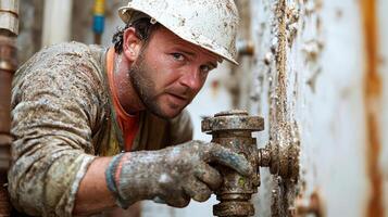 A man in a hard hat and overalls is fixing a valve photo
