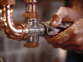 A man is fixing a copper pipe with a wrench photo
