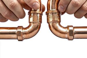 Two hands holding copper pipes photo