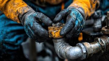A person in blue and yellow gloves is holding a valve photo