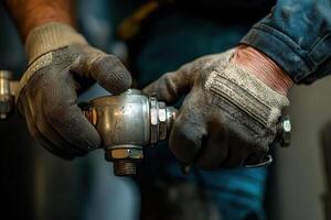 A man in a blue shirt and gloves is holding a valve photo