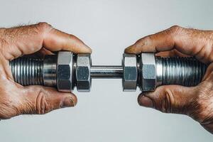 A man's hands holding a metal weight photo