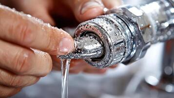 A person is fixing a faucet with water coming out photo