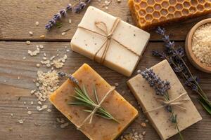 Soap bars with lavender and honey on wooden table photo