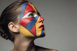 A woman with her face painted with a colorful design photo