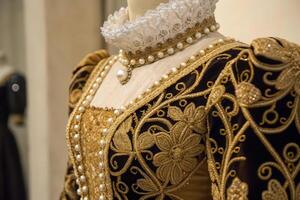 A gold and black dress with pearls on it photo