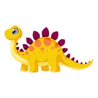 A yellow dinosaur with purple spots and pink stripes. It has a smile on its face. The dinosaur is standing on a white background vector