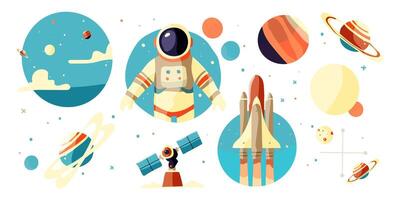 A series of images of space and a man in a spacesuit. The images include a man in a spacesuit, a rocket, a planet, and a satellite. The mood of the images is one of exploration vector