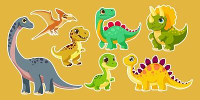 A collection of dinosaur stickers with different sizes and colors. The stickers include a T-Rex, a Stegosaurus, a Triceratops, and a Brachiosaurus vector