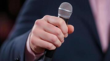 A person holding a microphone in their hand photo