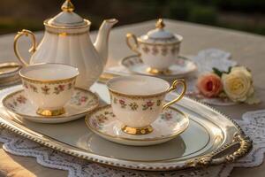 A gold tea set on a tray with roses photo