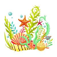 A colorful underwater scene with a starfish, a sea urchin, and a shell. The image has a vibrant and lively mood, with the bright colors of the sea creatures and the lush green seaweed vector