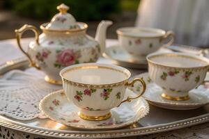 Tea set on a tray with two cups and saucers photo