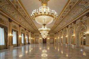 Regal ballroom with grand chandeliers and gold accents, intricate architectural details and polished marble floors photo