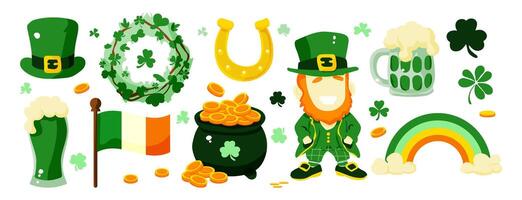 A collection of Irish symbols and objects, including a clover, a shamrock, a pot of gold, a leprechaun, a rainbow vector