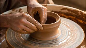 A person is making a pot on a potter's wheel photo