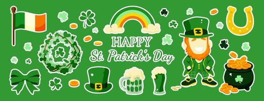 A green background with a rainbow, a flag, and a man wearing a green hat with a beard. The background says Happy St. Patrick's Day vector