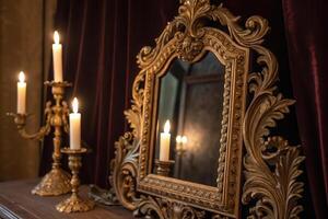 A gold mirror with candles on a table photo