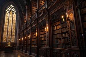 The interior of a library with many books photo