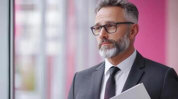 A man with a beard and glasses is standing in front of a window photo