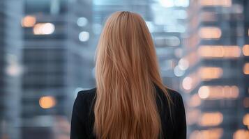 A woman with long hair standing in front of a cityscape photo