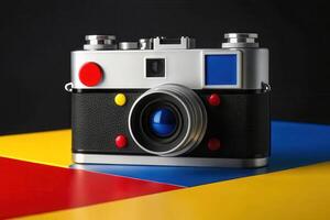 A camera with red, blue and yellow buttons on it photo