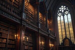 The interior of a library with a large window photo