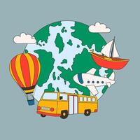 illustrations of traveling by plane, hot air balloon, bus, and boat vector
