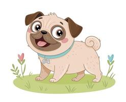 Adorable cartoon pug. Small dog friendly and happy. Simple design, Hand Drawn flat style. Perfect for childrens books, pet products, or animated content. Happy and affectionate little dog vector