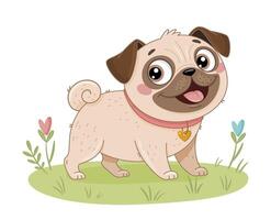 Adorable cartoon pug. Small dog friendly and happy. Simple design, Hand Drawn flat style. Perfect for childrens books, pet products, or animated content. Happy, friendly and affectionate dog vector